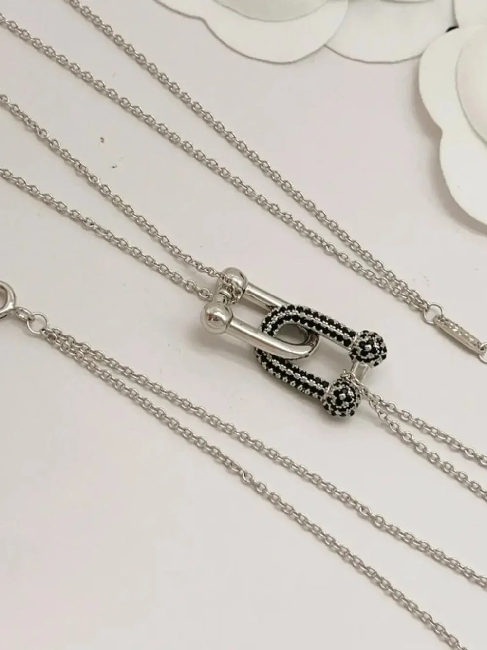 Tiffany & Co. Silver and Black Diamond Double Chain Horseshoe Necklace